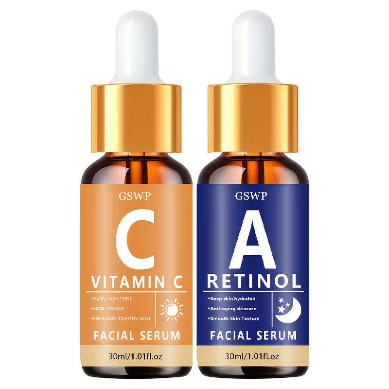 Ensemble de sérums GSWP Vitamine C et Rétinol, Matin C, Soir A. Hydratation toute la journée. Soulag