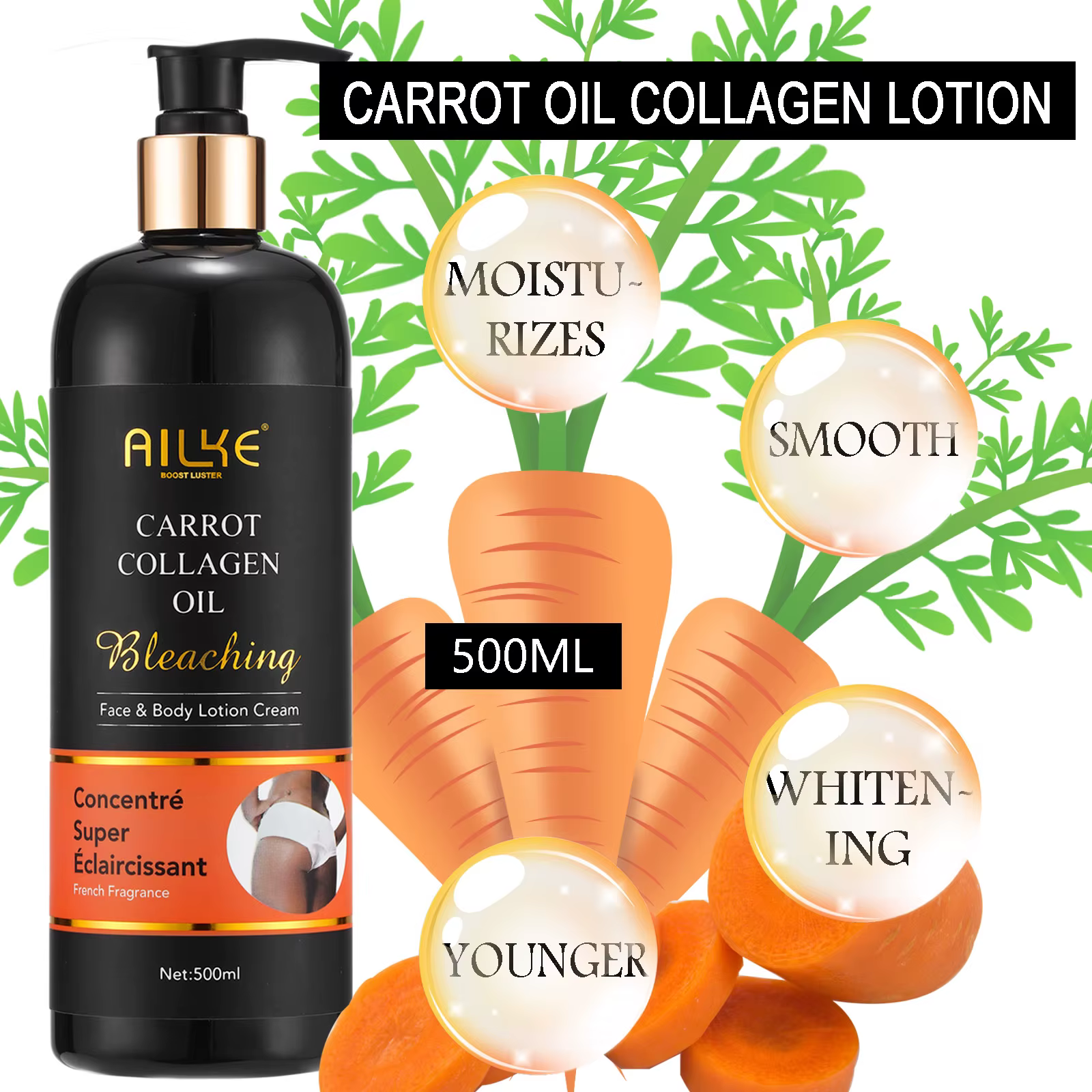 AILKE Lotion pour le corps blanchissante, réduit les taches foncées, même le teint, avec collagène e