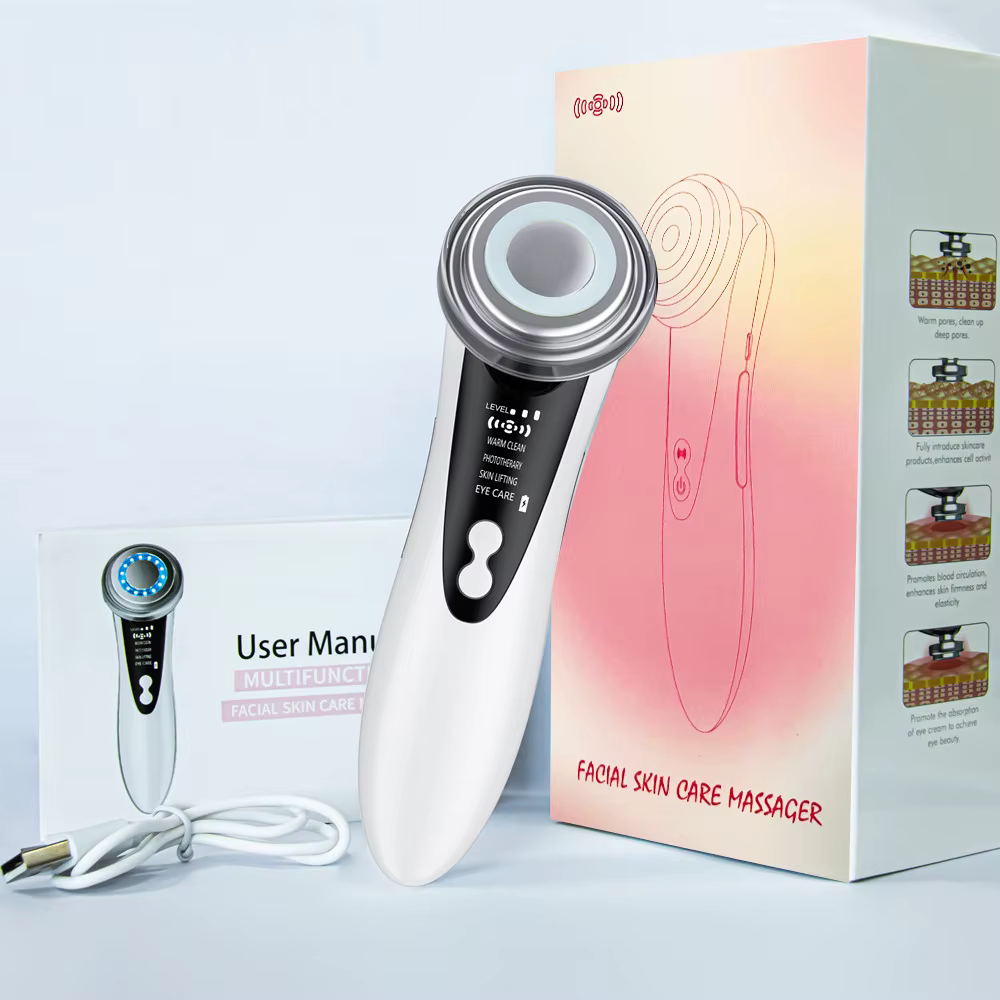 Masseur facial EMS, instrument de beauté pour le visage avec vibration induite et compresse chaude, 