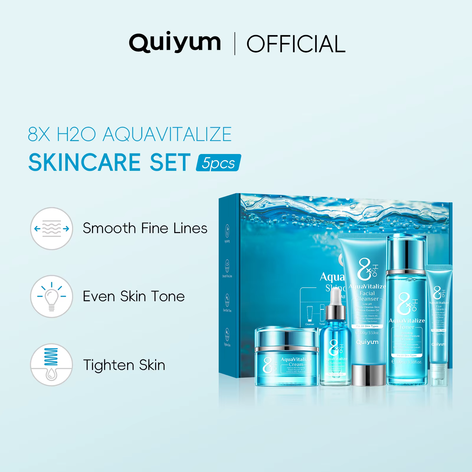 QUIYUM 8X H2O AquaVitalize ensemble de soins de la peau 5 pièces Kit d'hydratation profonde lissage