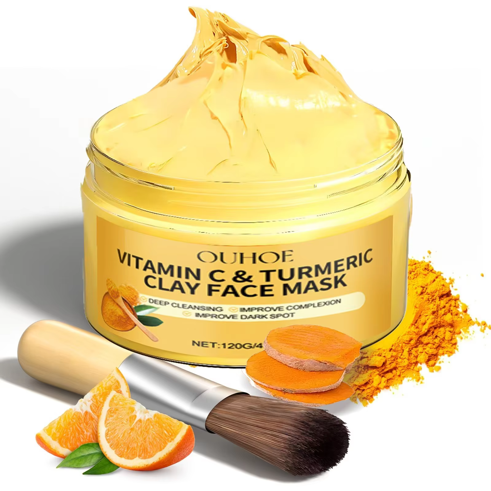Masque facial à l'argile de curcuma et à la vitamine C, nettoyage en profondeur, améliore les taches