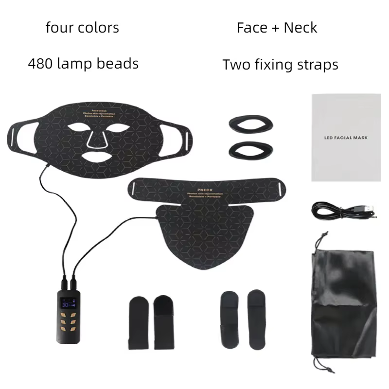 Masque facial à LED 4 couleurs avec cou, thérapie à la lumière rouge, proche infrarouge, matériau en