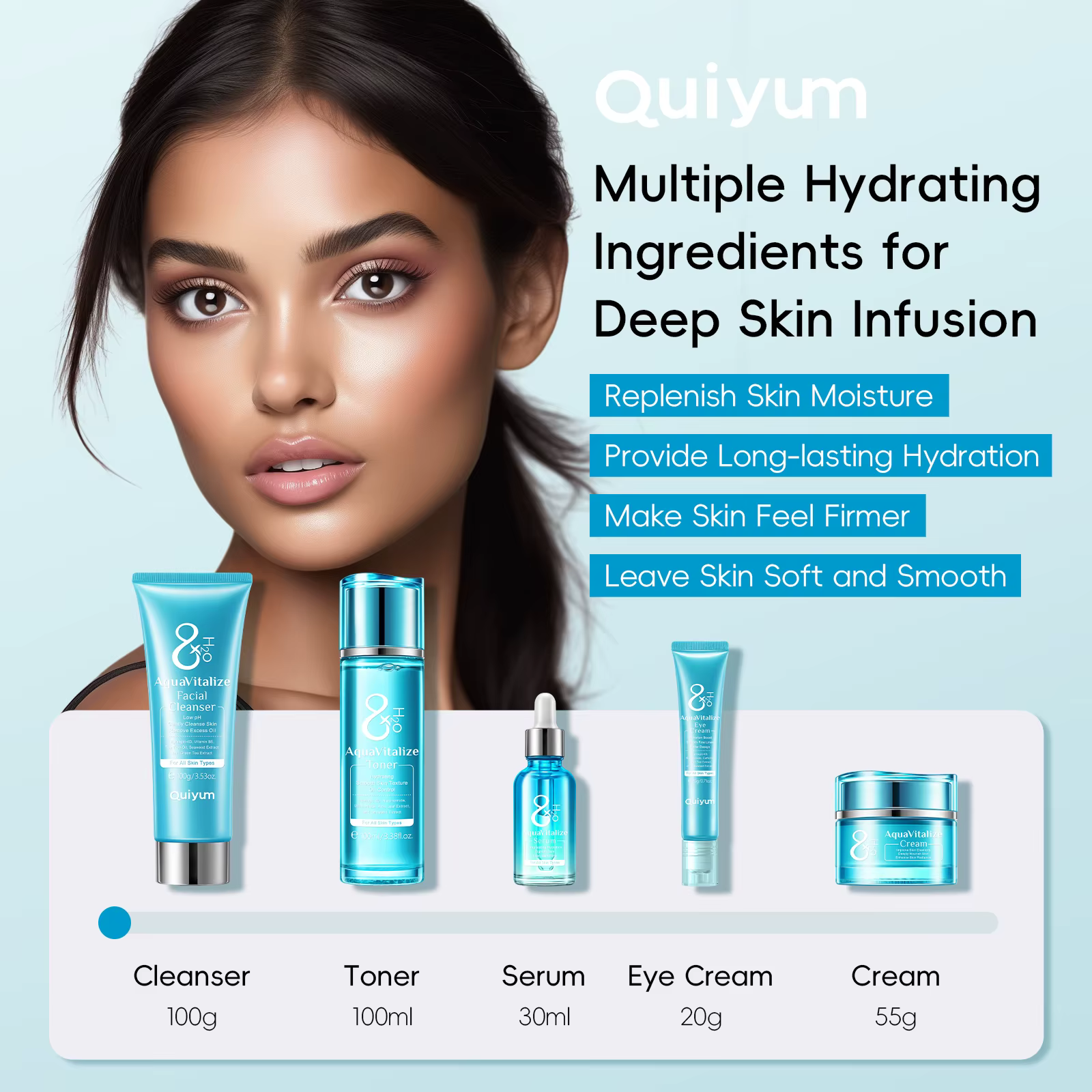 QUIYUM 8X H2O AquaVitalize ensemble de soins de la peau 5 pièces Kit d'hydratation profonde lissage