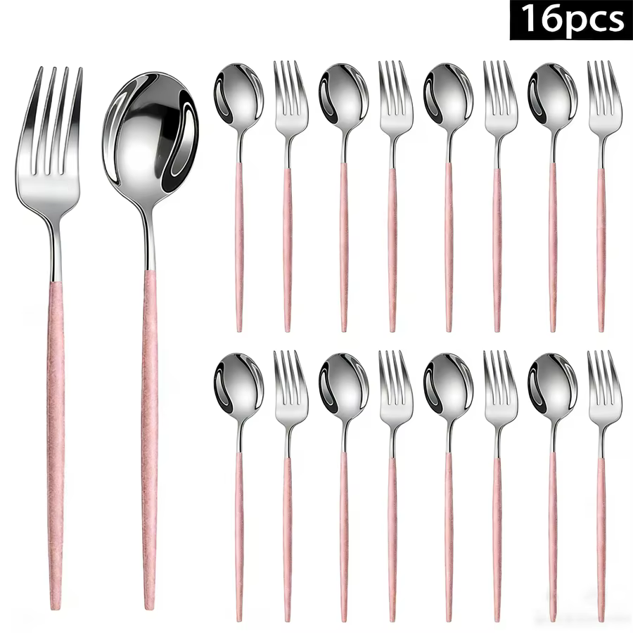 Ensemble de couverts en acier inoxydable de 16 pièces, design élégant argenté et rose, comprenant un