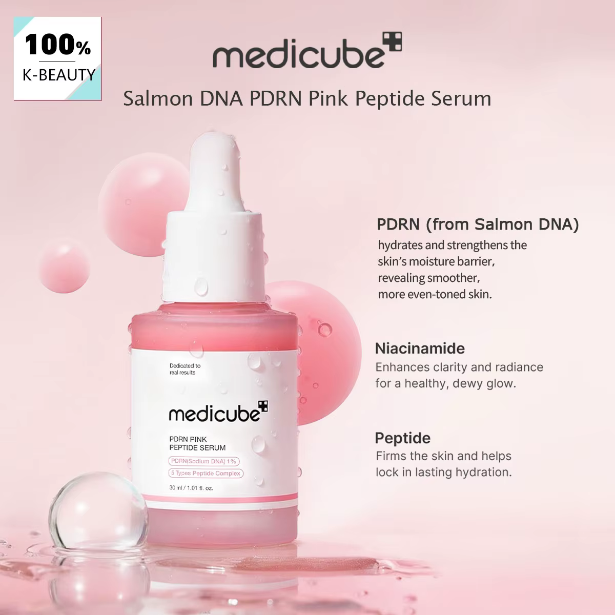 Sérum au peptide rose PDRN à l'ADN de saumon Medicube, lisse et à absorption rapide, rafraîchissant 