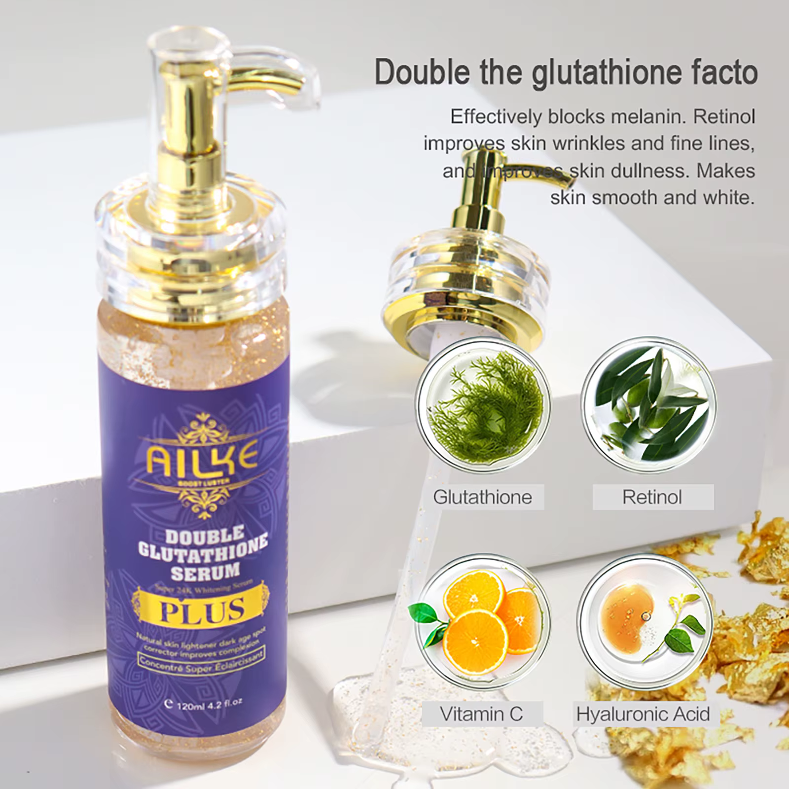 AILKE Essence Blanchissante 4,2 fl.oz 120 ml, Sérum Éclaircissant pour le visage avec Double Glutath