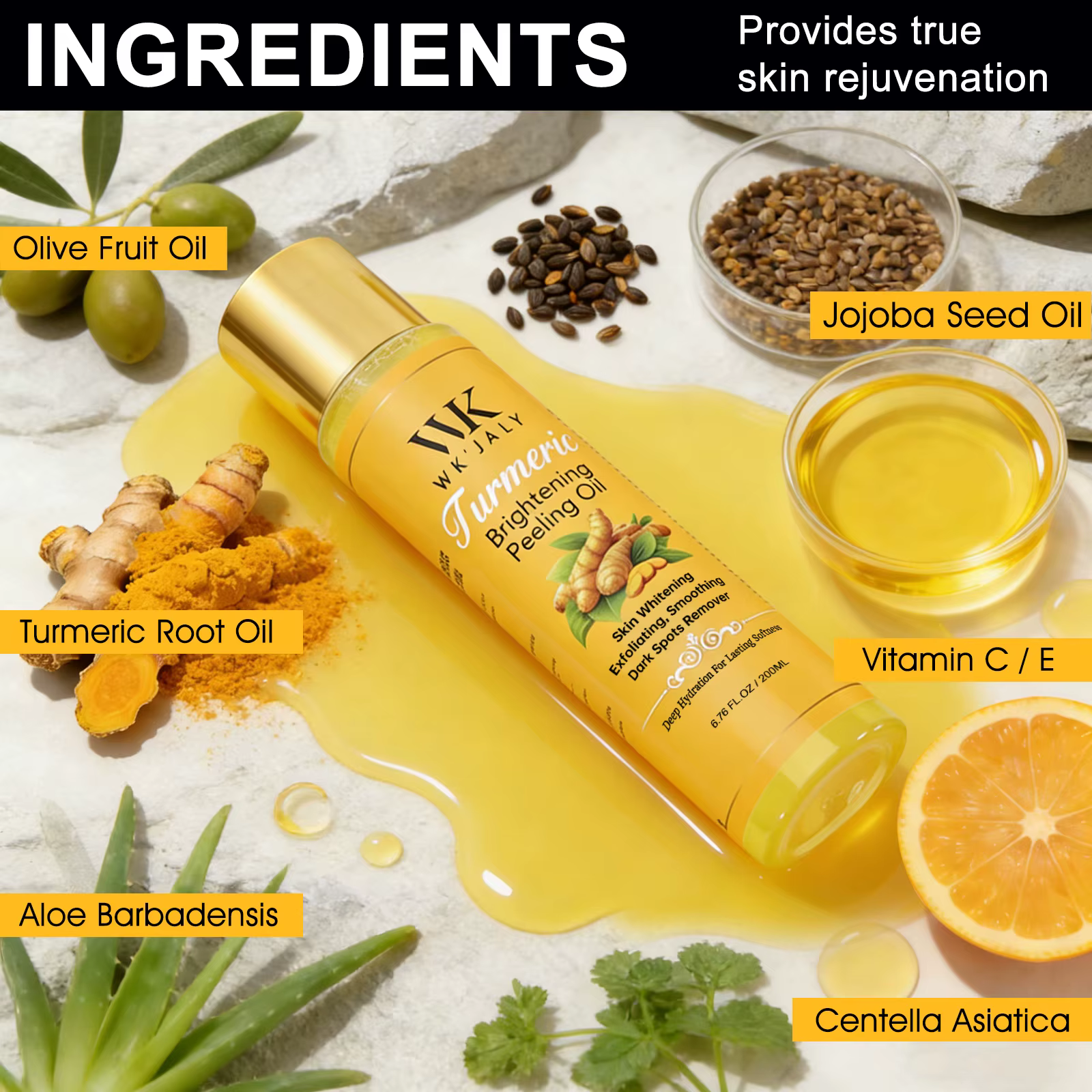 WK JALY Huile exfoliante éclaircissante au curcuma, exfoliation, élimination des taches brunes, blan
