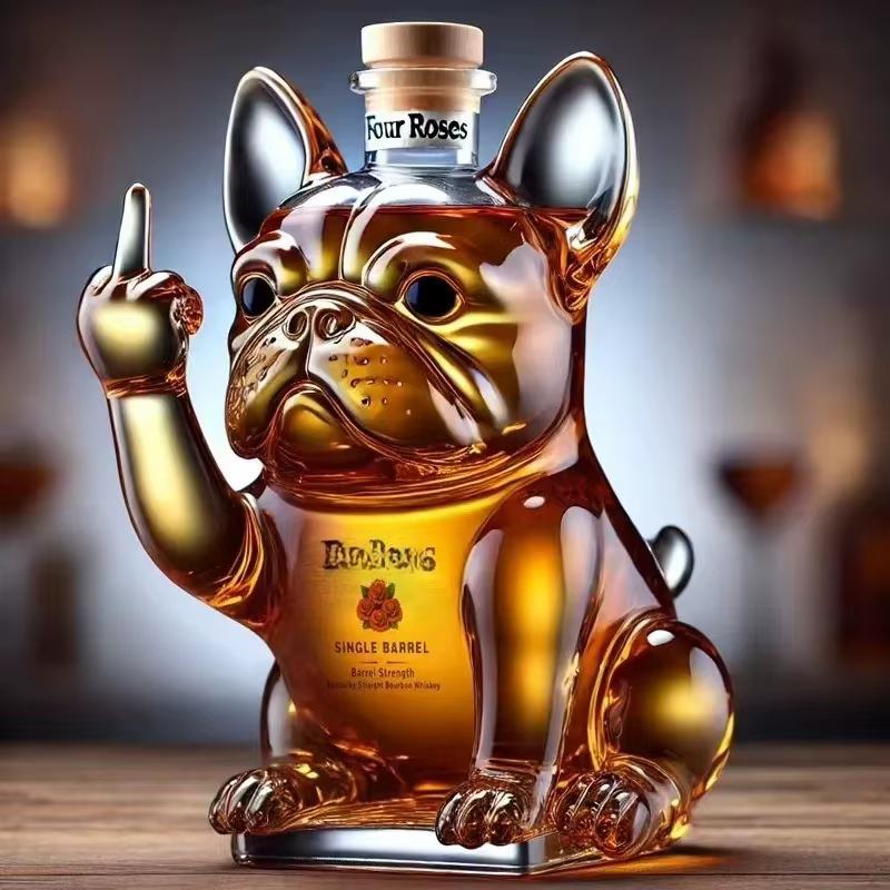Bouledogue français en verre transparent créatif, vin rouge créatif, bouteille de vin scellée de for