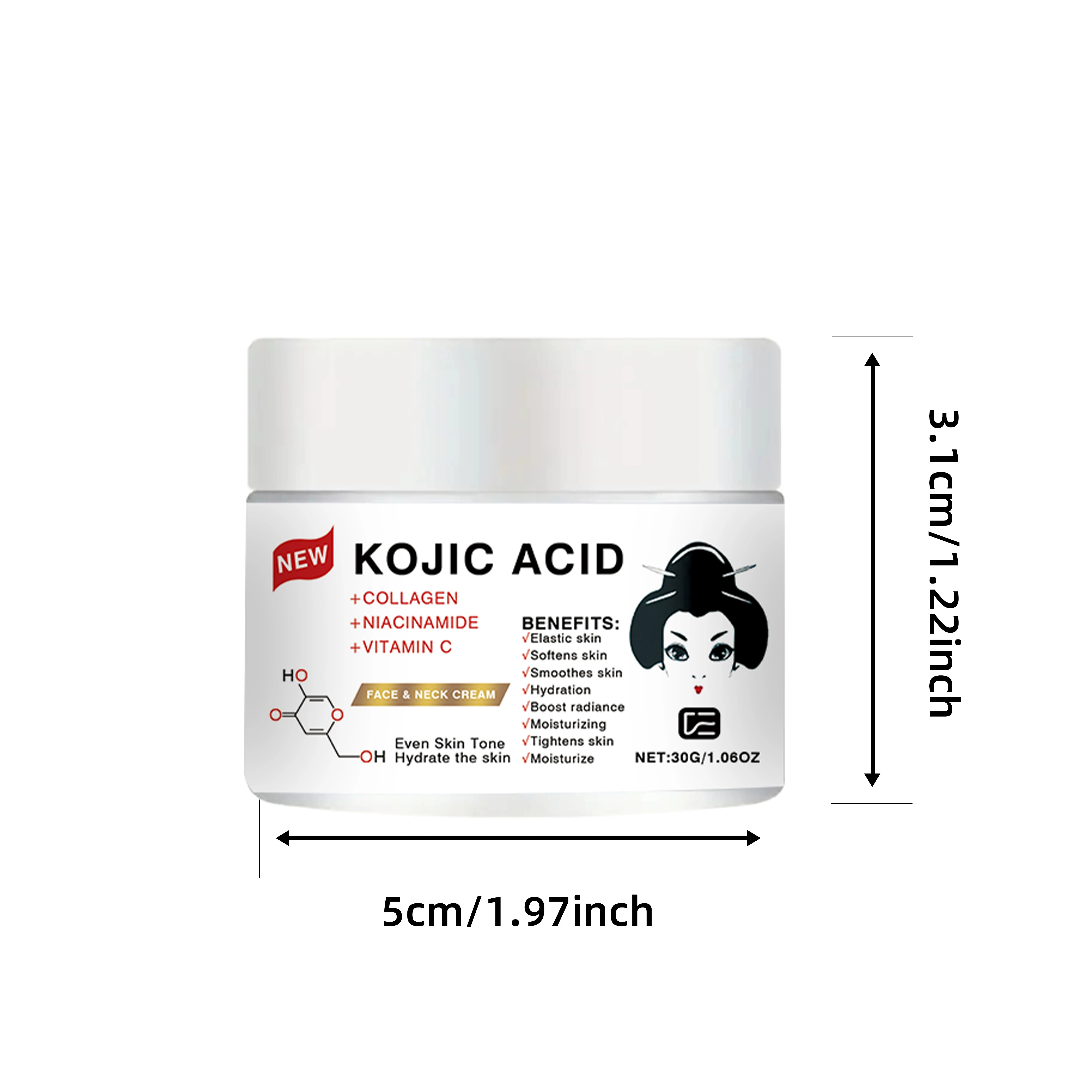 Crème pour le visage et le cou à l'acide kojique - Hydratante, nourrissante, raffermissante et lissa