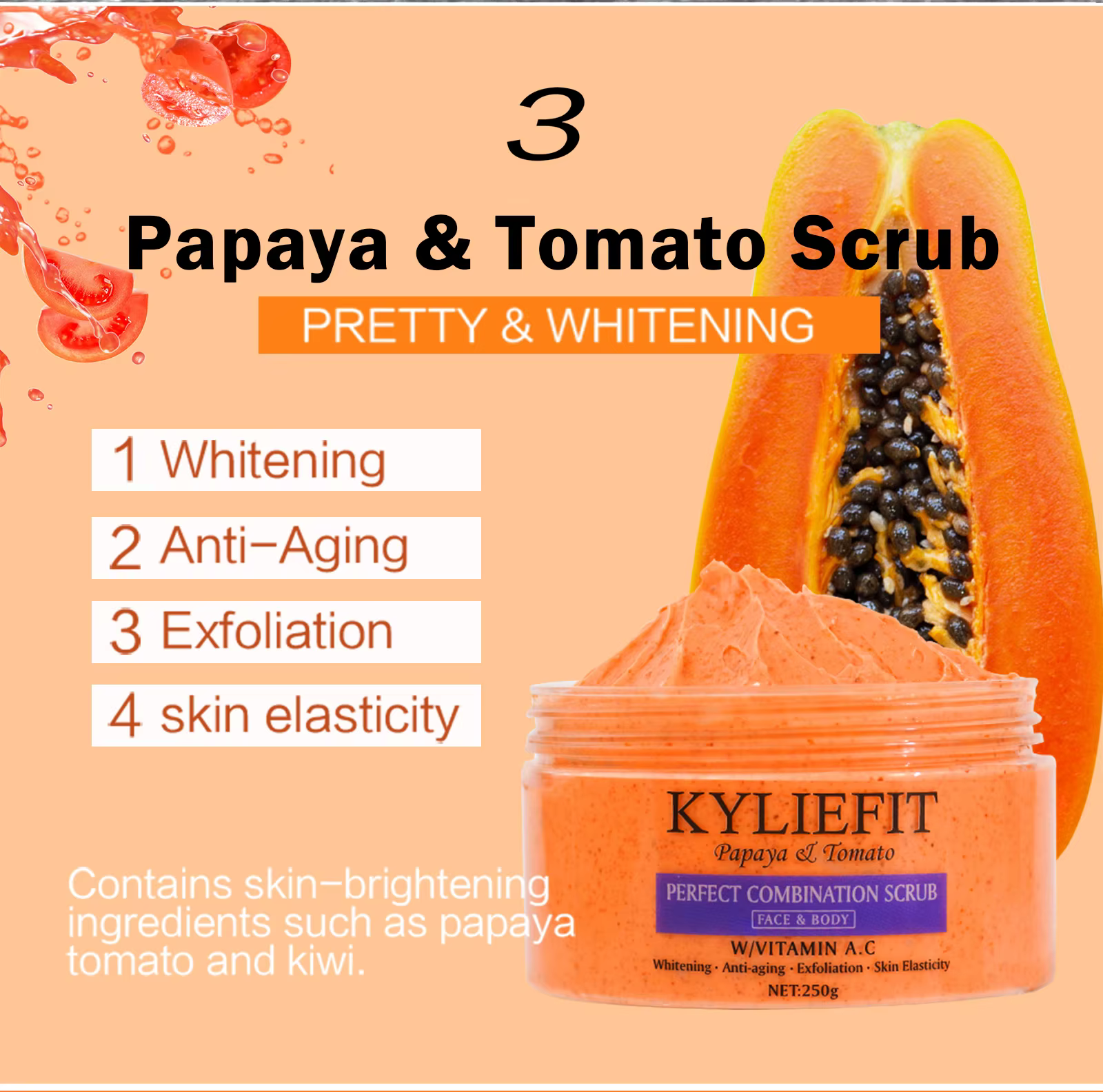 KYLIEFIT Exfoliant naturel au sel pour le corps et le visage, éclaircissant, hydratant, élimine les