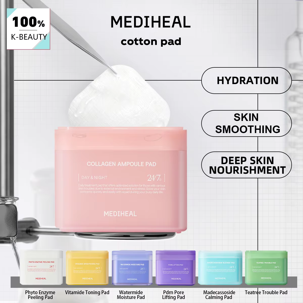 MEDIHEAL Pad, Pad prêt à l'emploi, Pads de soin quotidien, Hydratation longue durée, Hydratation int