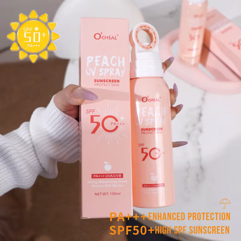Spray solaire portable à la pêche SPF50 PA+++ | Protection solaire hydratante translucide | Spra