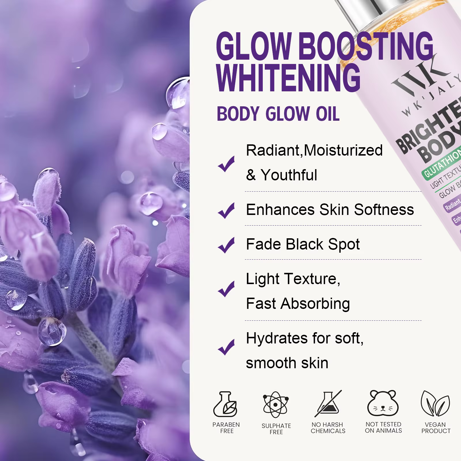 WK JALY Glow Boosting Huile corporelle blanchissante au glutathion et à la lavande, hydratante, pour