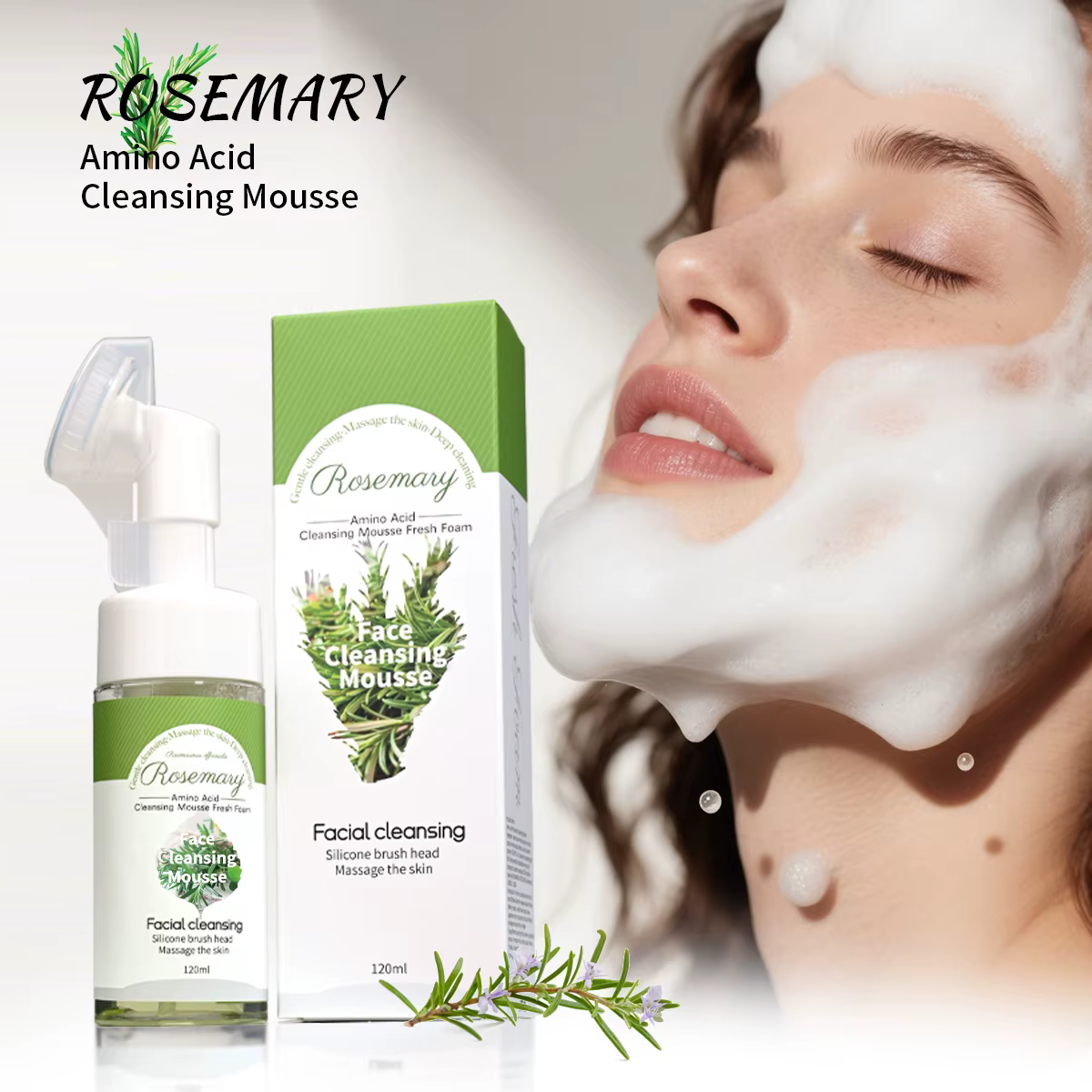 Mousse nettoyante pour le visage à l'huile essentielle de romarin, rafraîchissante et contrôlante de