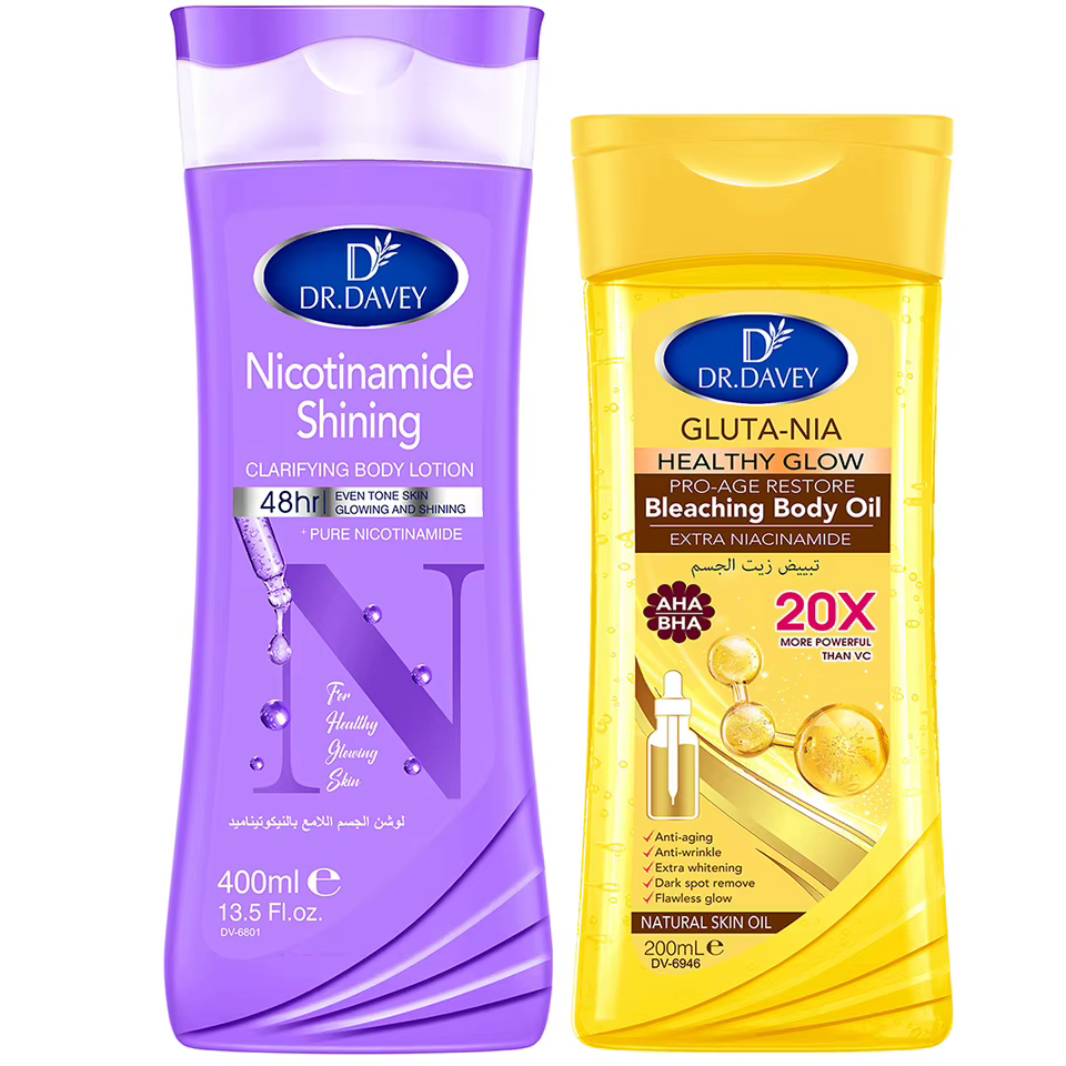 Ensemble de soin pour la peau comprenant 2 huiles corporelles GLUTA NIA et une lotion corporelle à l