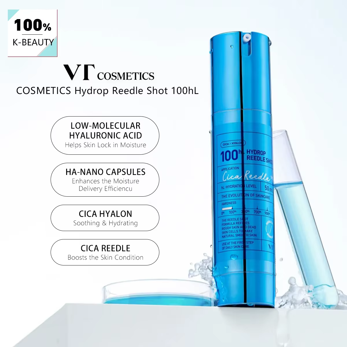 VT COSMETICS Hydrop Reedle Shot 100hL, translucide et hydratant, affinant les pores, améliorant l'éc