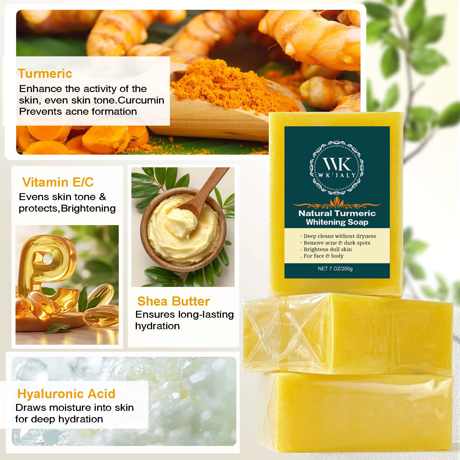 Savon éclaircissant au curcuma WK JALY, anti-acné, anti-taches brunes, avec acide hyaluronique, pour