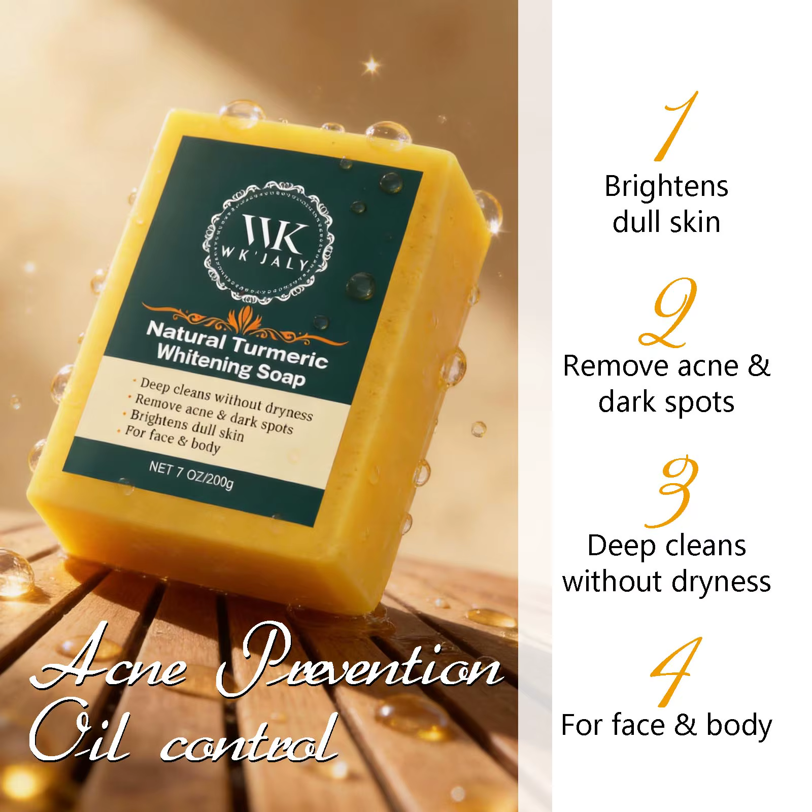 Savon éclaircissant au curcuma WK JALY, anti-acné, anti-taches brunes, avec acide hyaluronique, pour