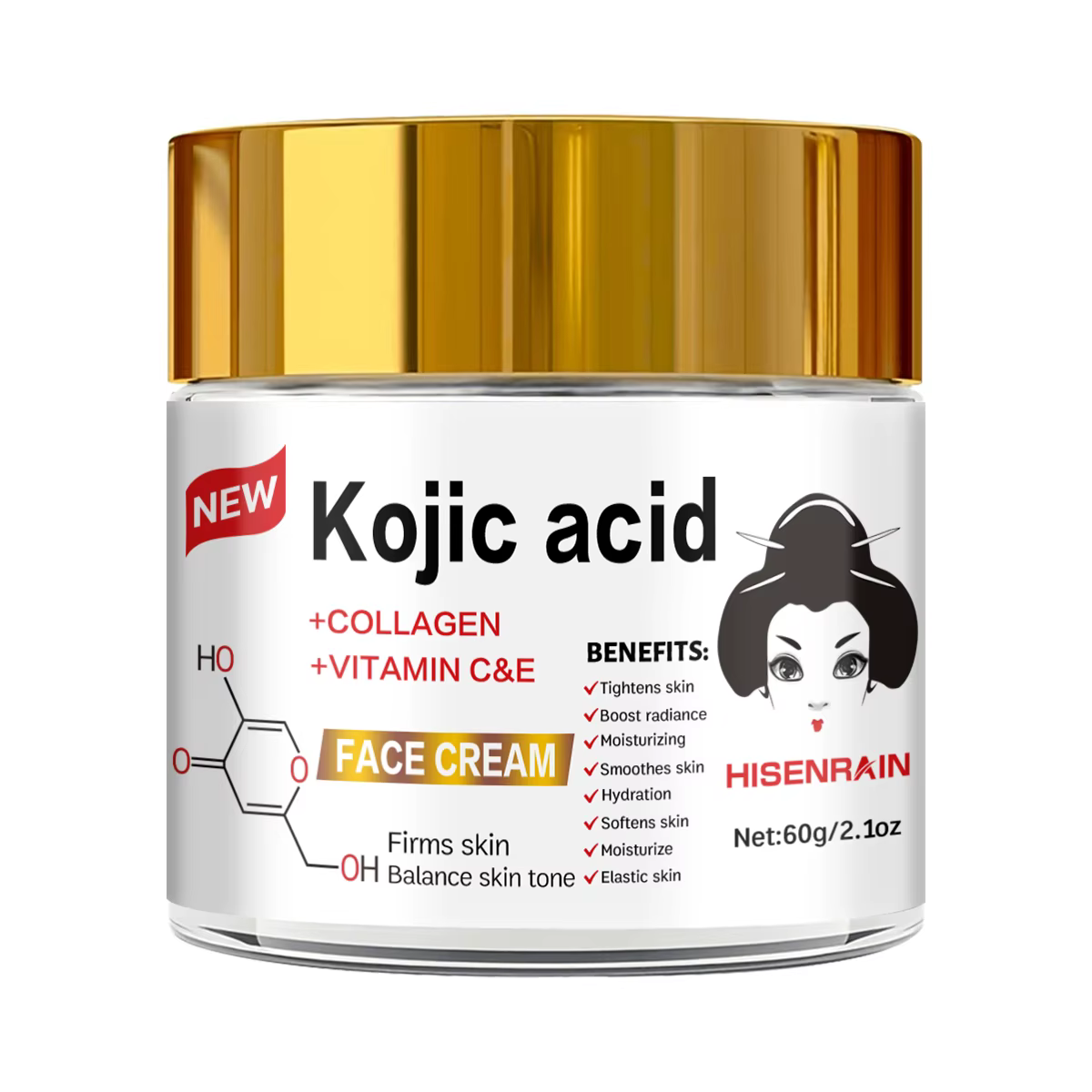 HISENRAIN Crème à l'acide kojique - Hydratant pour le visage en pot de verre éclaircissant, anti-tac
