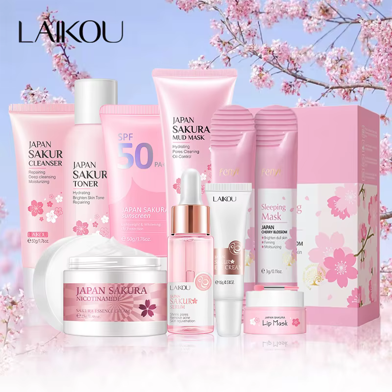 Kit de produits pour le visage Sakura, ensemble de soins pour la peau, nettoyant pour le visage, crè