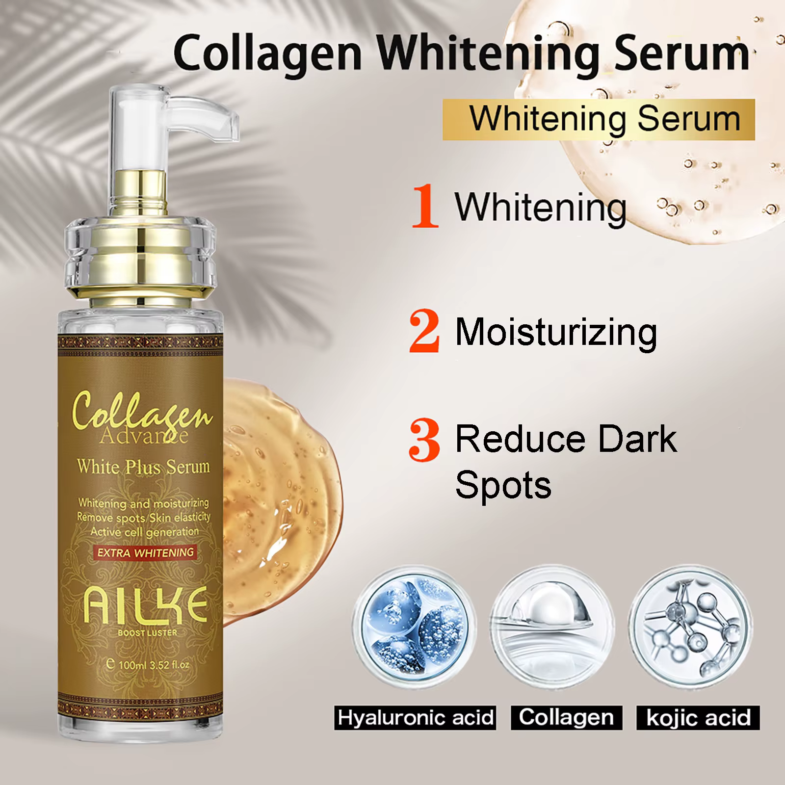 AILKE Sérum visage blanchissant la peau, réduit les taches, hydratant, même le teint, avec collagène