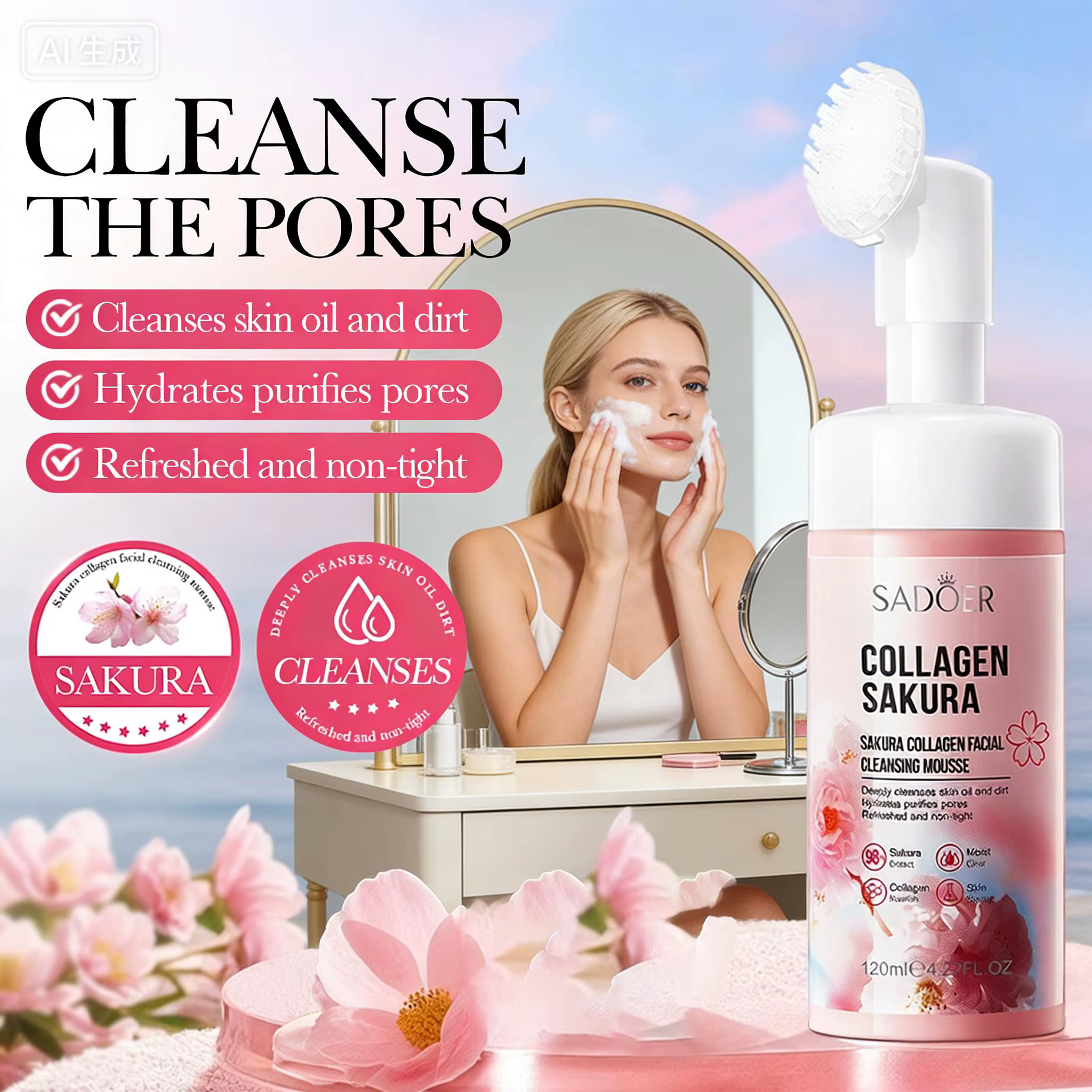 SADOER Mousse Nettoyante Visage au Sakura Hydratante Anti-âge pour Massage Facial