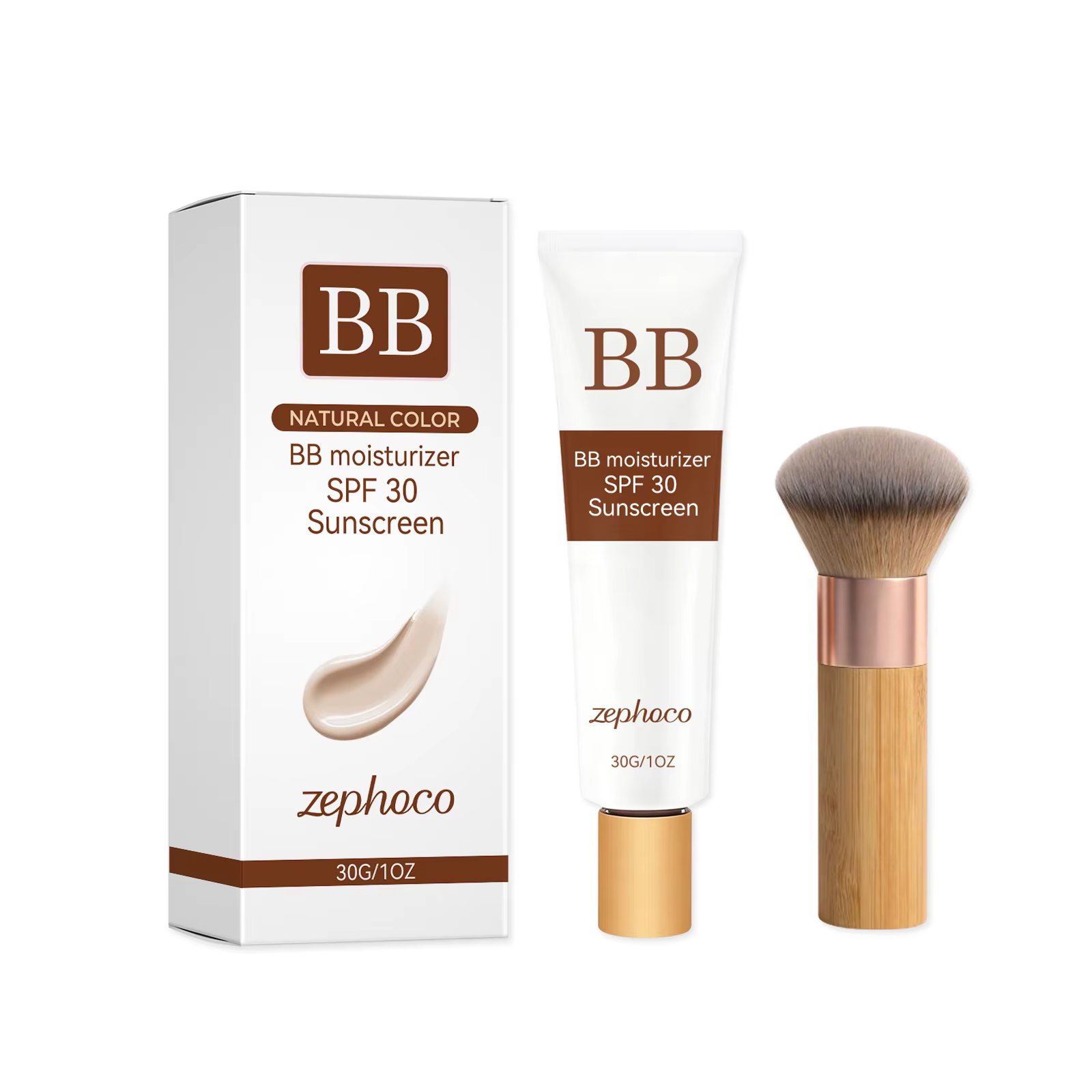 Ensemble de crème BB avec pinceau, hydratante et protectrice, pour un fini mat naturel, SPF 30, faci