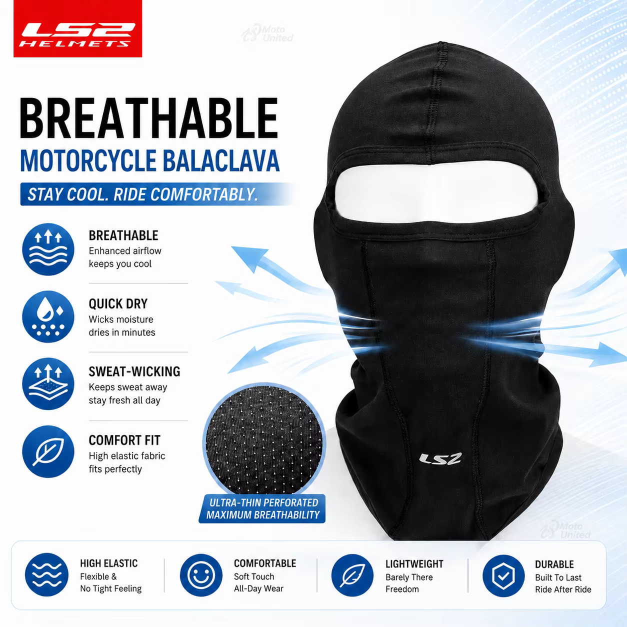 Cagoule de moto LS2 – Masque facial rafraîchissant d'été, fin, respirant, protection UV, séchage rap