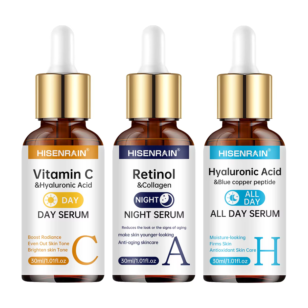 HISENRAIN Sérum Vitamine C + Rétinol + Acide Hyaluronique Duo |   Combo éclaircissant et hydratation