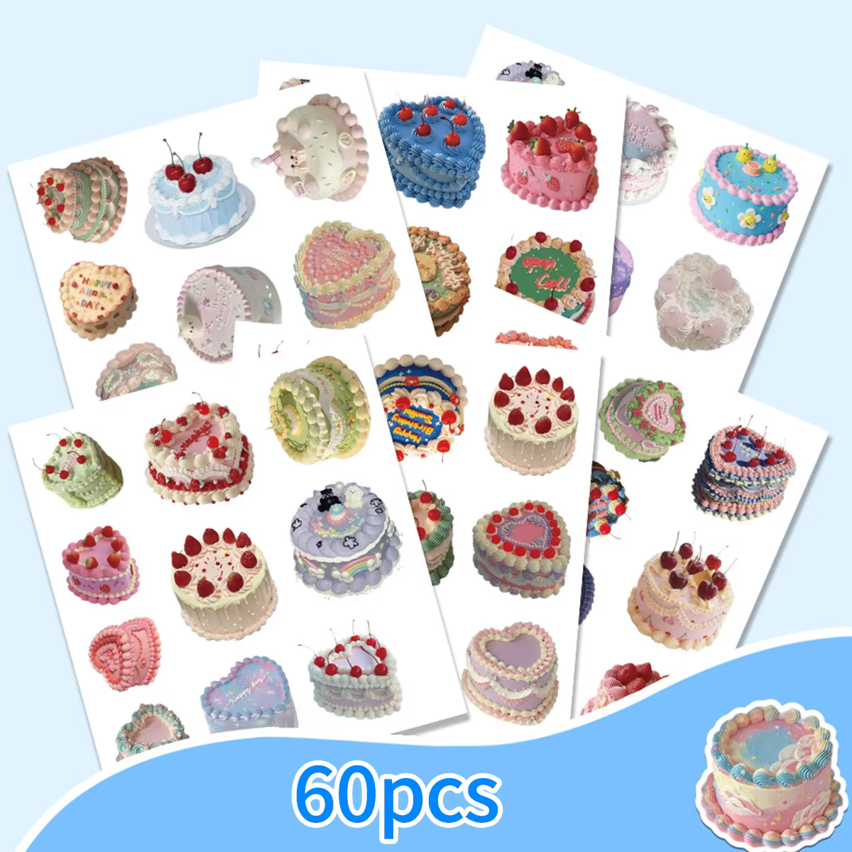 60 pièces d'autocollants de gâteau crème rétro, motifs de desserts colorés, adaptés aux journaux, au