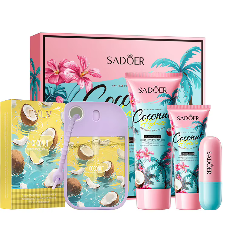 Coffret de soins de luxe hydratant parfumé à l'eau de coco - Lait corporel, crème pour les mains, ba