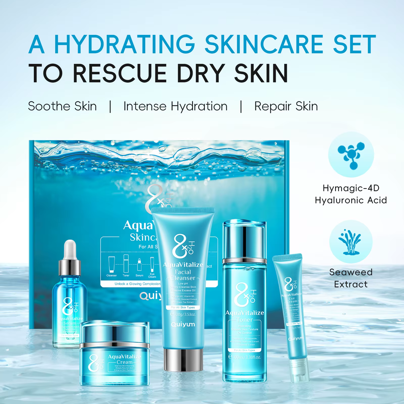 QUIYUM 8X H2O AquaVitalize ensemble de soins de la peau 5 pièces Kit d'hydratation profonde lissage 