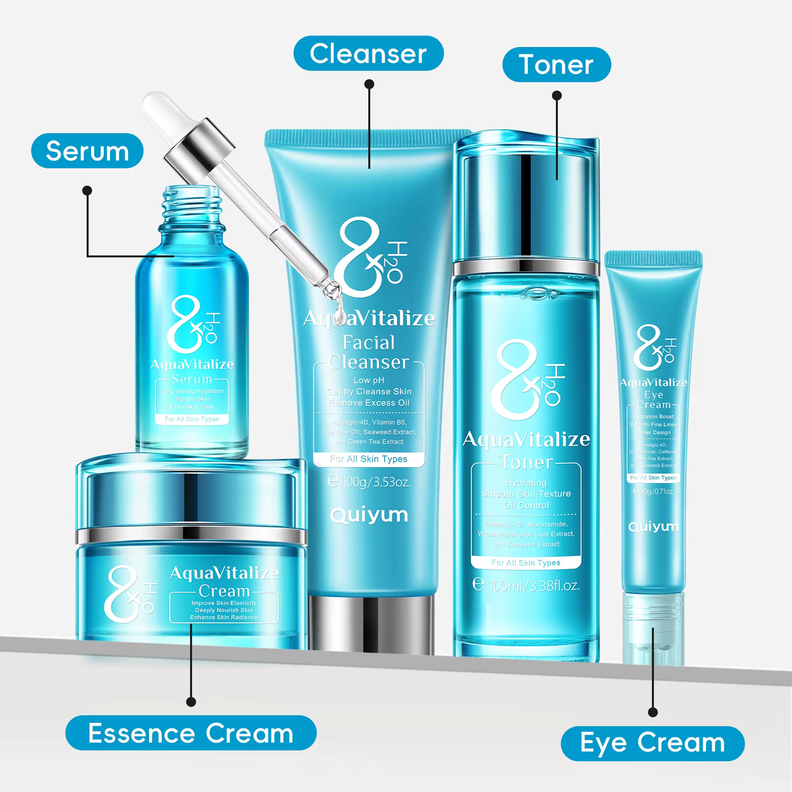 QUIYUM 8X H2O AquaVitalize ensemble de soins de la peau 5 pièces Kit d'hydratation profonde lissage
