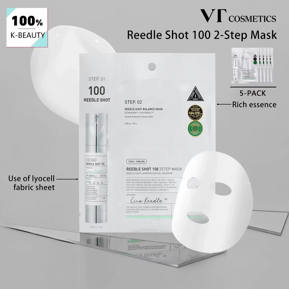 Masque VT Reedle Shot 100 2-Step*5 pièces, Masque de Récupération Intensive, Masque Éclat, Masque Li