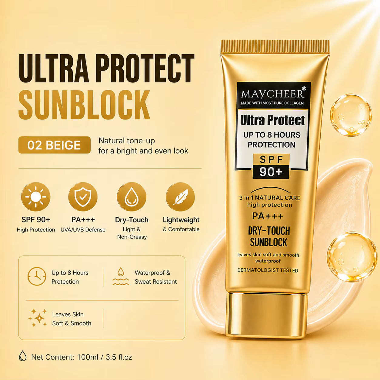 Crème solaire SPF90+, légère, non grasse, à absorption rapide, résistante à l'eau et à la transpirat