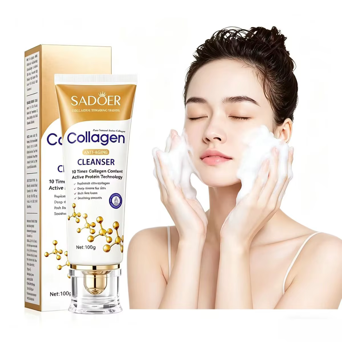 Nettoyant Visage au Collagène SADOER – Soin Anti-rides, Éclaircissant et Hydratant – Mousse Nettoyan