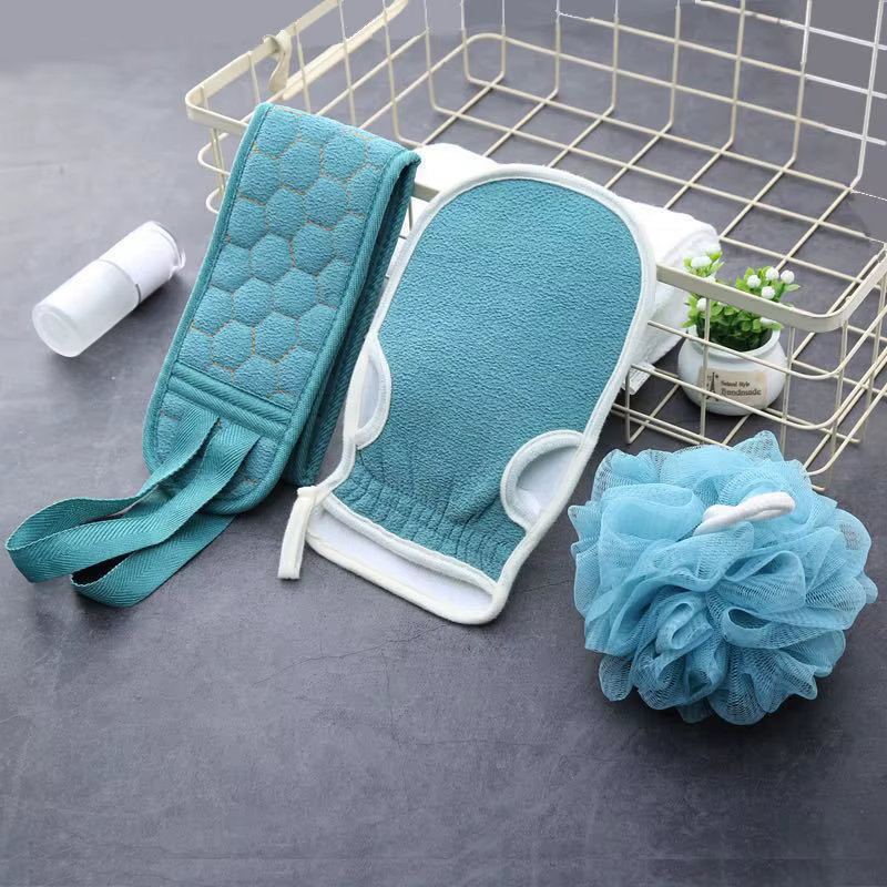 Ensemble de gommages exfoliants pour le corps avec gant de bain pour le dos et éponge loofah pour un