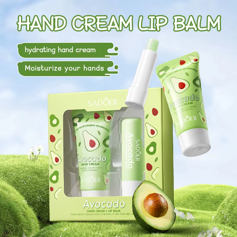 Ensemble de crème pour les mains et baume à lèvres à l'avocat SADOER, 2 pièces, kit de soin hydratan