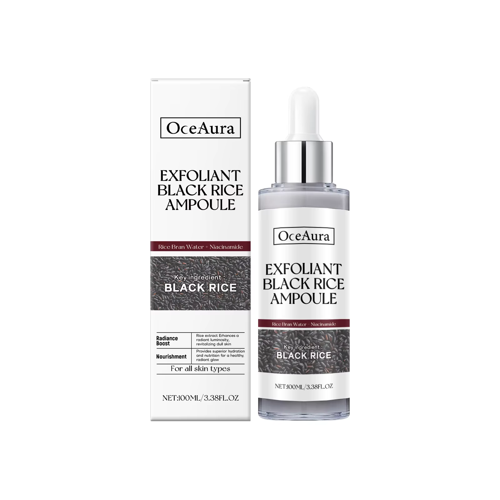 Essence exfoliante de riz noir et blanc, dissolvant de peau morte, réapprovisionnement brillant pour