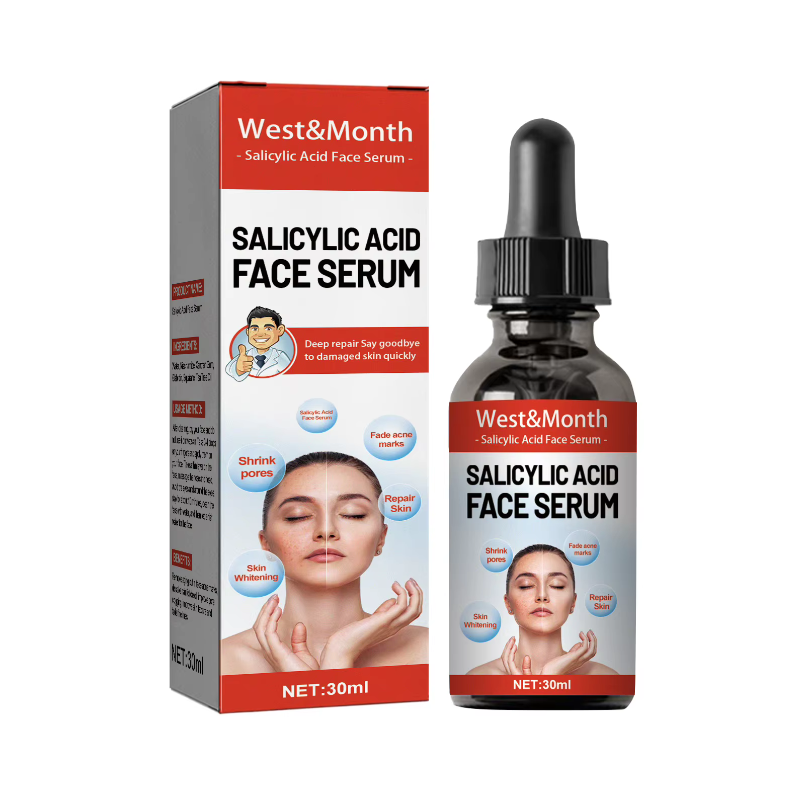 Sérum facial à l'acide salicylique, raffermissant, liftant, éclaircissant le teint, resserre les por