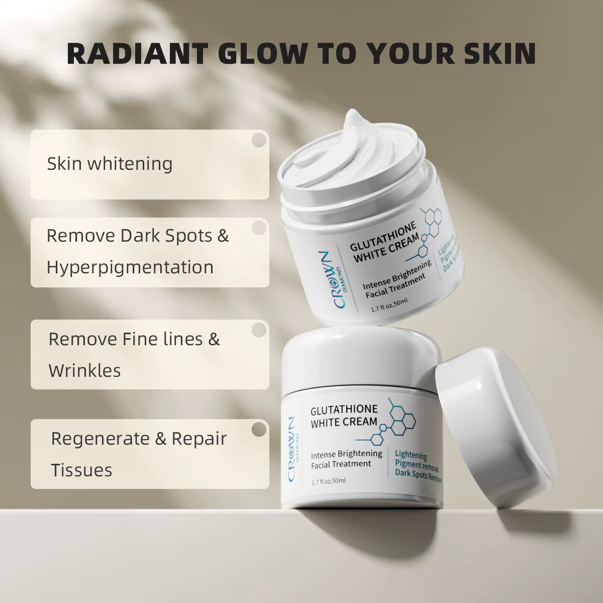 Crème éclaircissante naturelle au glutathion pour le visage, soin anti-taches, anti-mélasma, anti-mé