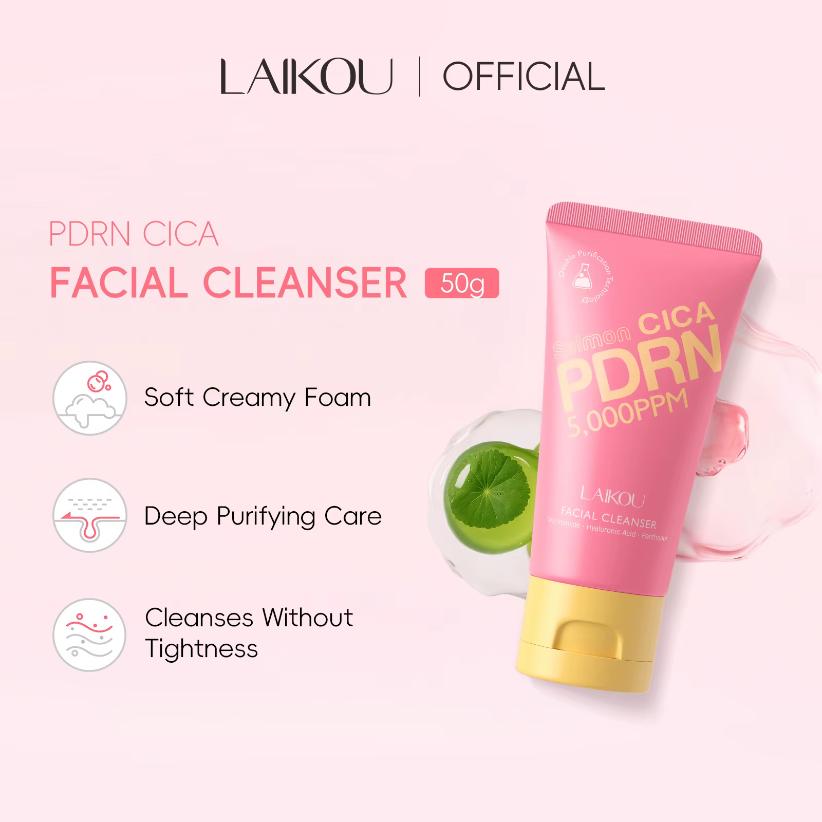 Nettoyant Visage Moussant Doux PDRN CICA LAIKOU 50g – Nettoie Sans Sensation de Dessèchement – Cente