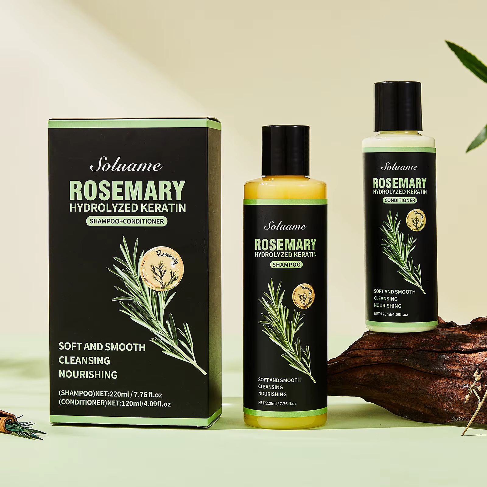 Ensemble Shampooing et Après-Shampooing à la Kératine Hydrolysée de Romarin pour Cheveux Abîmés, Soi