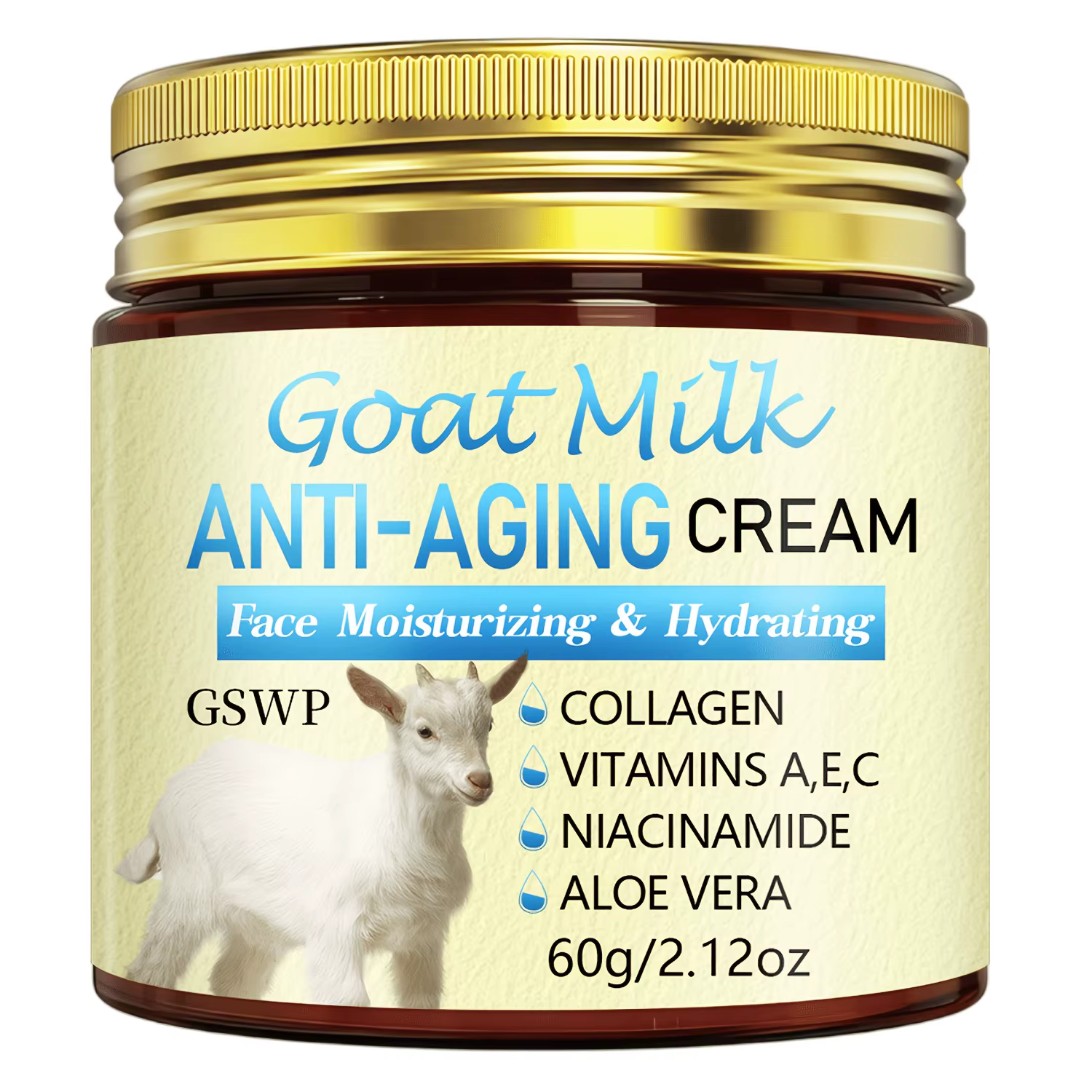 Crème hydratante anti-âge au lait de chèvre GSWP, contient du miel et du collagène, offrant une hydr