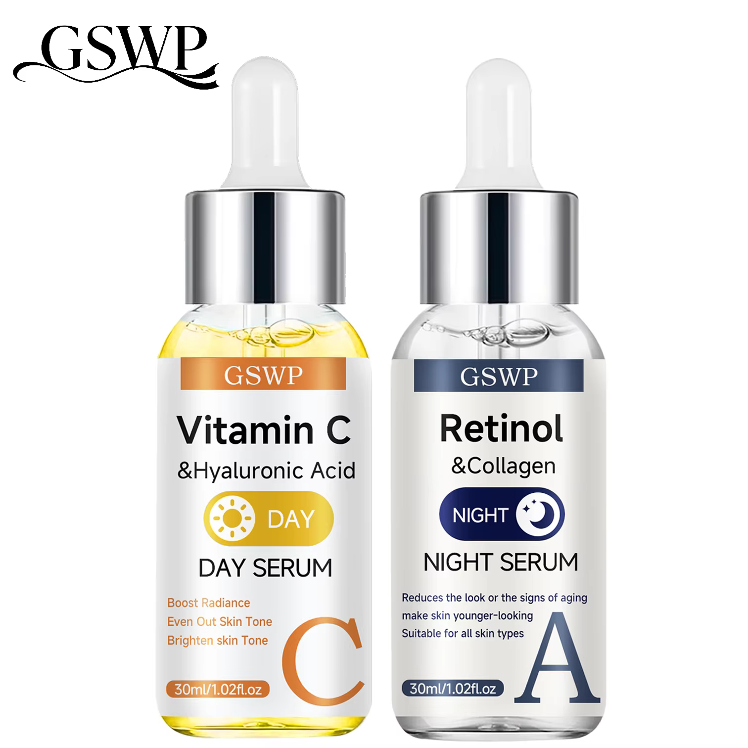 Ensemble de sérums jour et nuit GSWP, sérums à la vitamine C + au rétinol + à l'acide hyaluronique, 