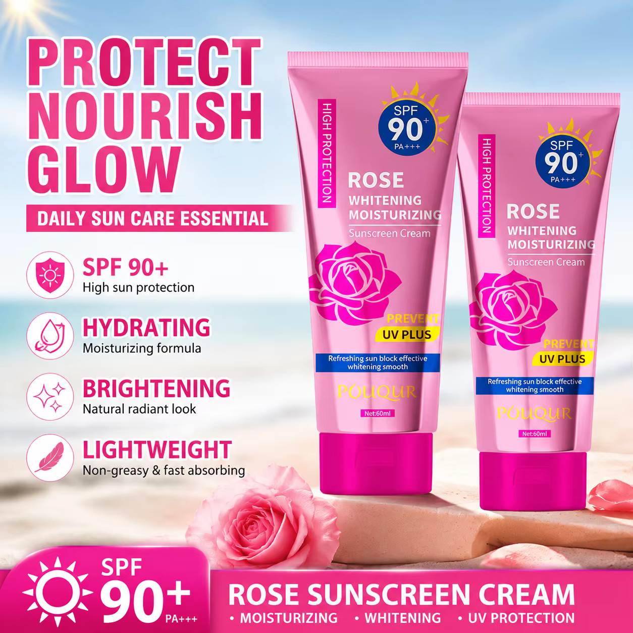 Crème solaire à la rose, crème BB isolante, crème solaire hydratante pour le visage, adaptée aux spo