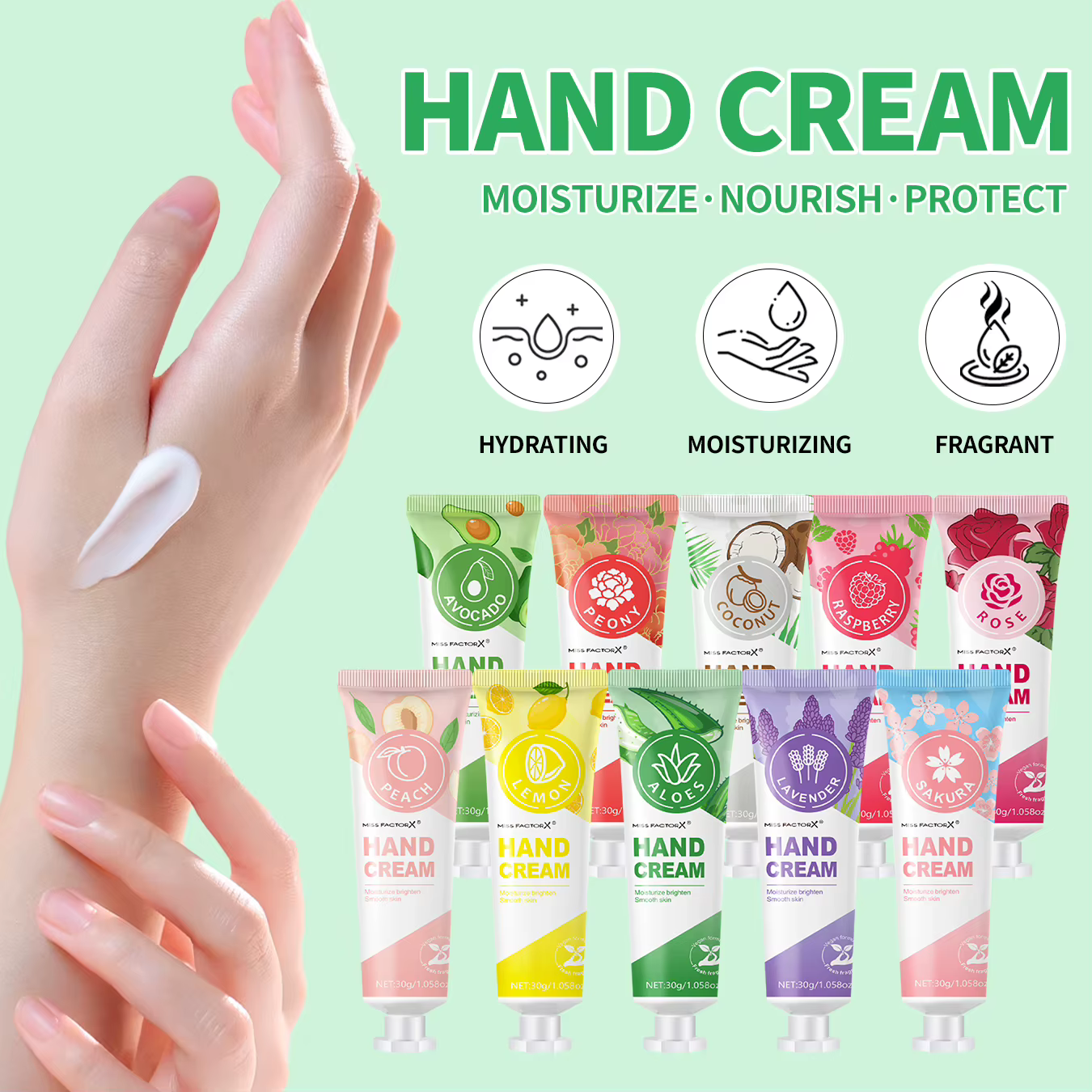 Ensemble de 30 crème pour les mains, 10 parfums, crème pour les mains basse sensibilité, format voya