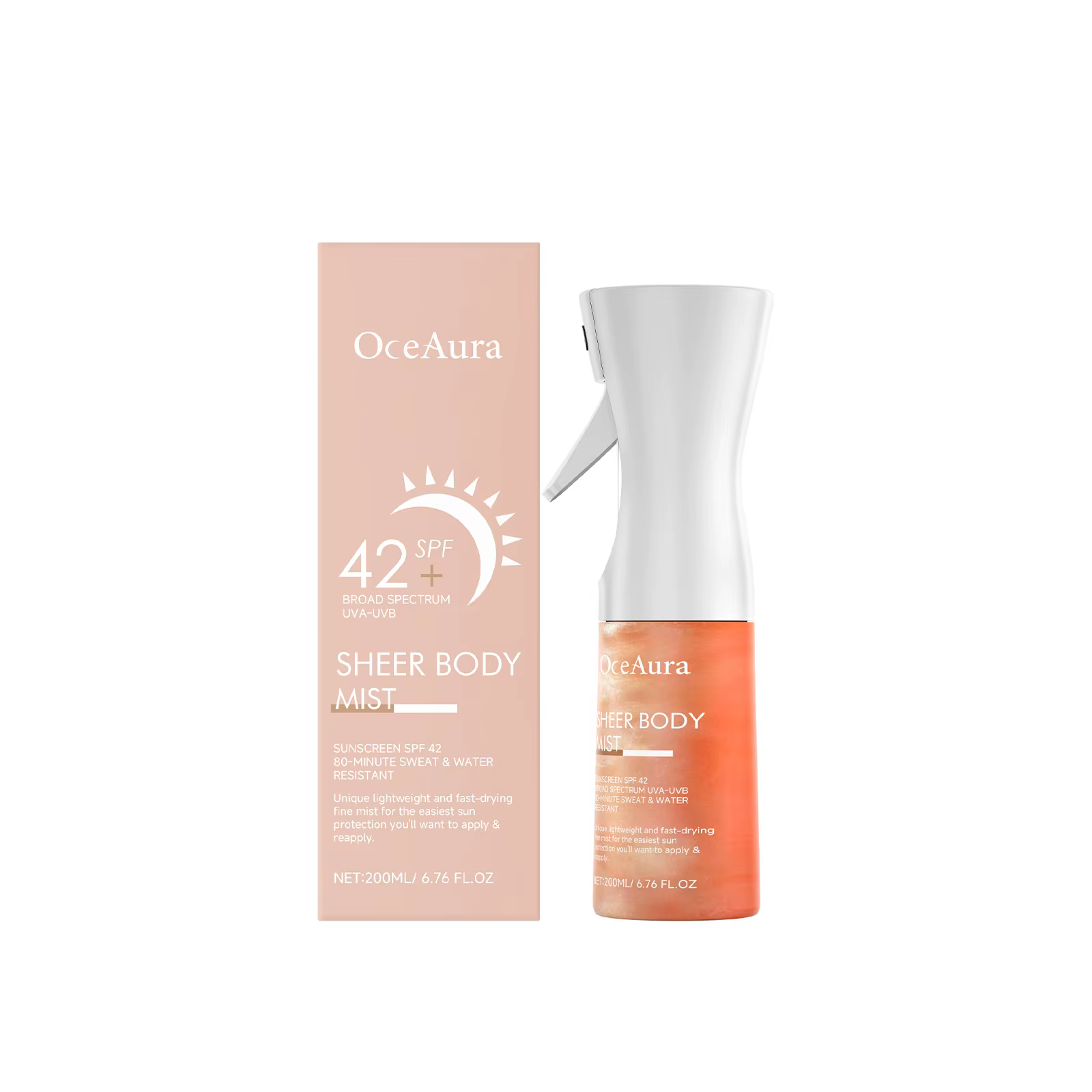 Spray solaire OceAura avec SPF42, protection anti-UV, prévention des coups de soleil, contrôle du sé