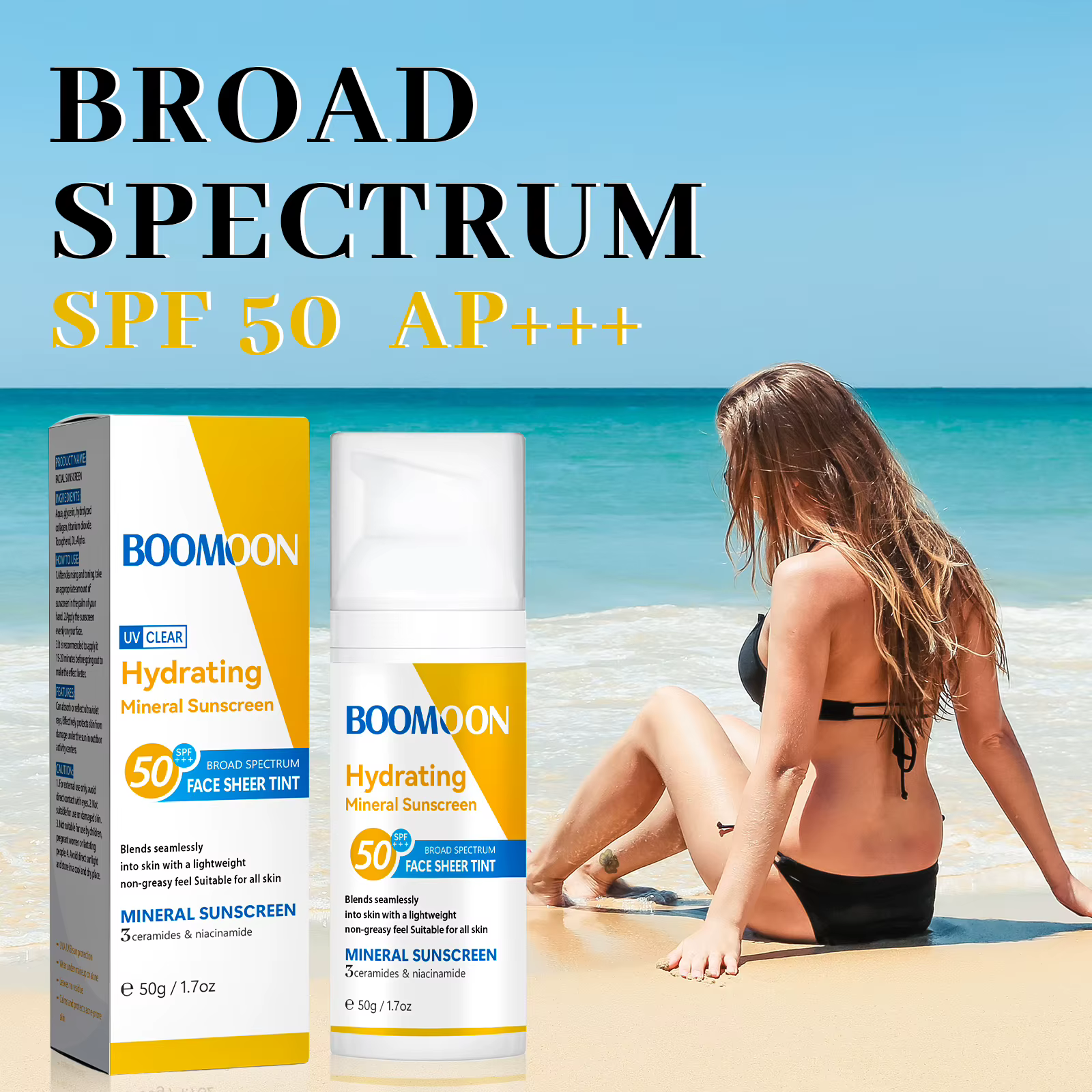 BOOMOON Crème solaire minérale hydratante SPF50 PA +++ Ample spectre Léger Non gras 50g pour visage