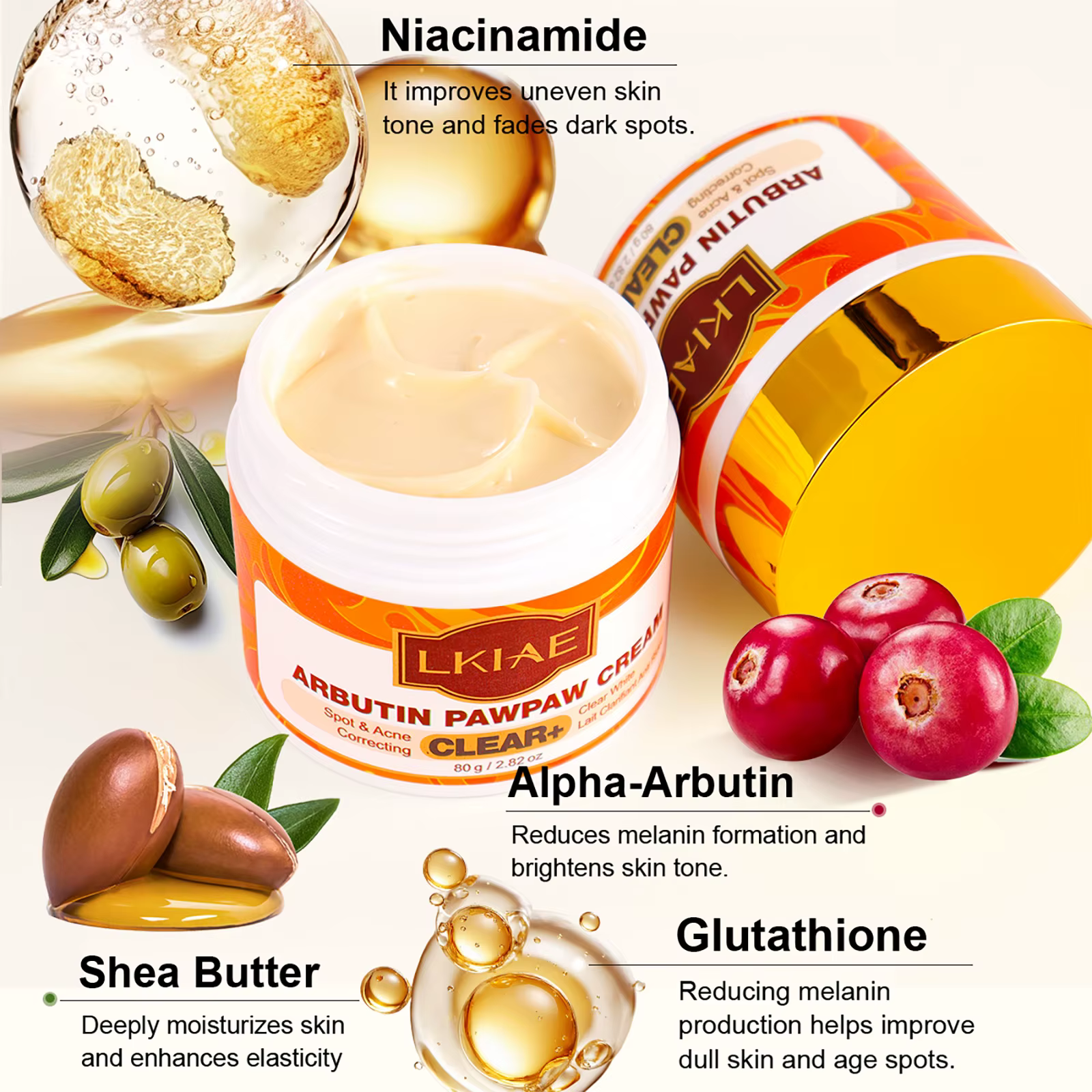 Crème visage LKIAE Arbutin Pawpaw pour femmes, correction des taches noires et de l'acné, éclairciss